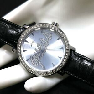GUESS Wristwatch Logo Dial Rhinestones, Black Leather Strap, G76072L, 9 Inches